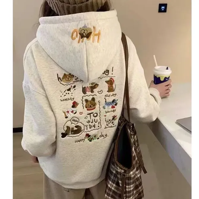 重工刺绣连帽加绒卫衣春秋冬潮牌情侣时尚学院风长袖小众卡通上衣