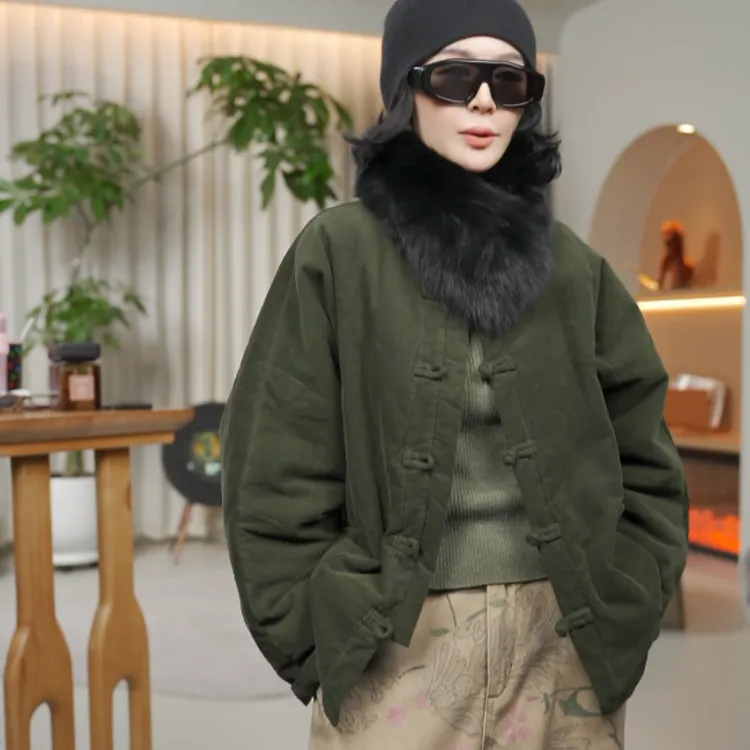 100%棉复古文艺灯芯绒国风盘扣立领棉服外套M9177