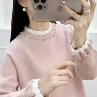 秋冬新款荷叶领钉珠宽松毛衣女韩版宽松泡泡袖设计针织打底衫W743