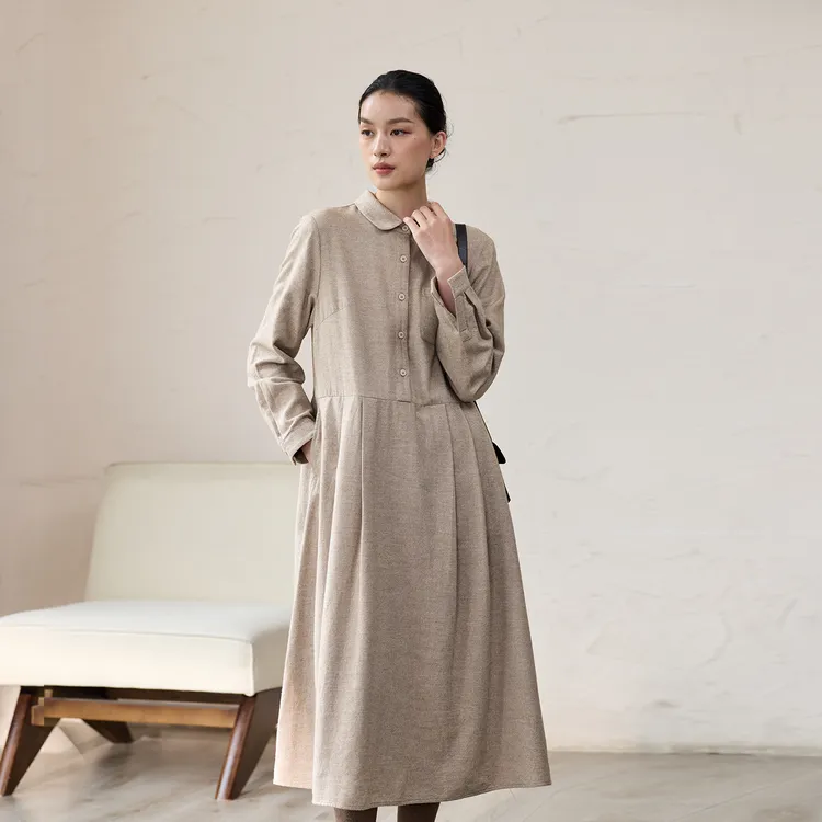 Q.TU牦牛绒棉毛呢连衣裙秋冬新款翻领长袖温柔好看气质高级 绒暖