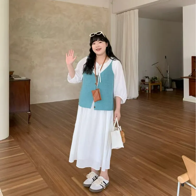 白月光/春秋新大码女减领宽松系带连衣裙遮肚显瘦法式度假风长裙