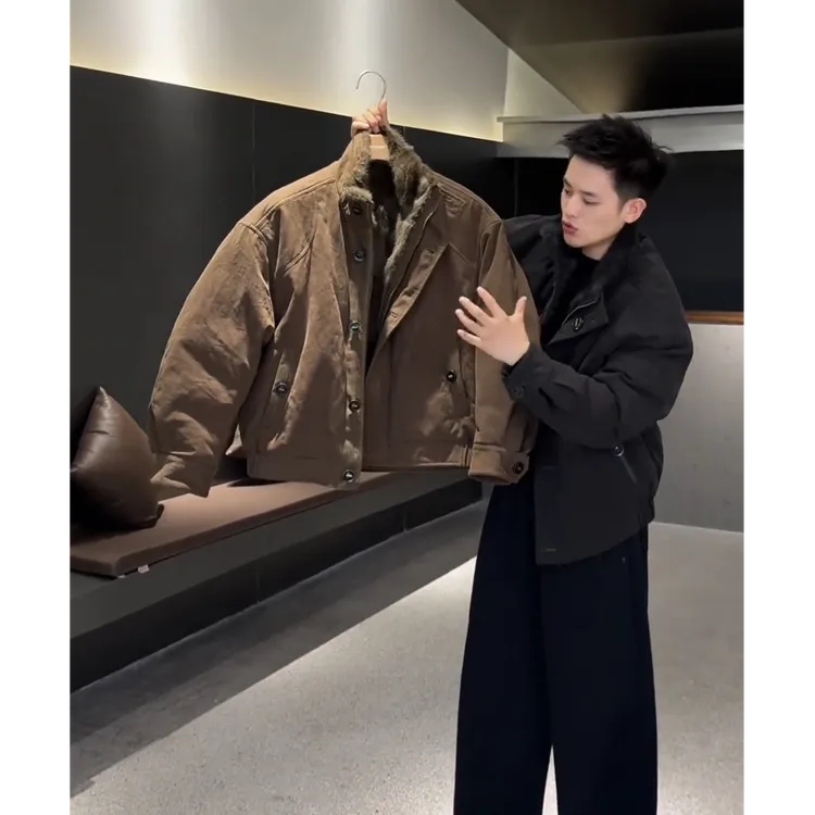 冬季复古纯棉面料真兔毛皮草外套男士时尚立领保暖90白鹅绒羽绒服