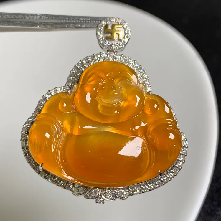 天然A货翡翠18k金镶嵌黄翡坐佛吊坠百搭