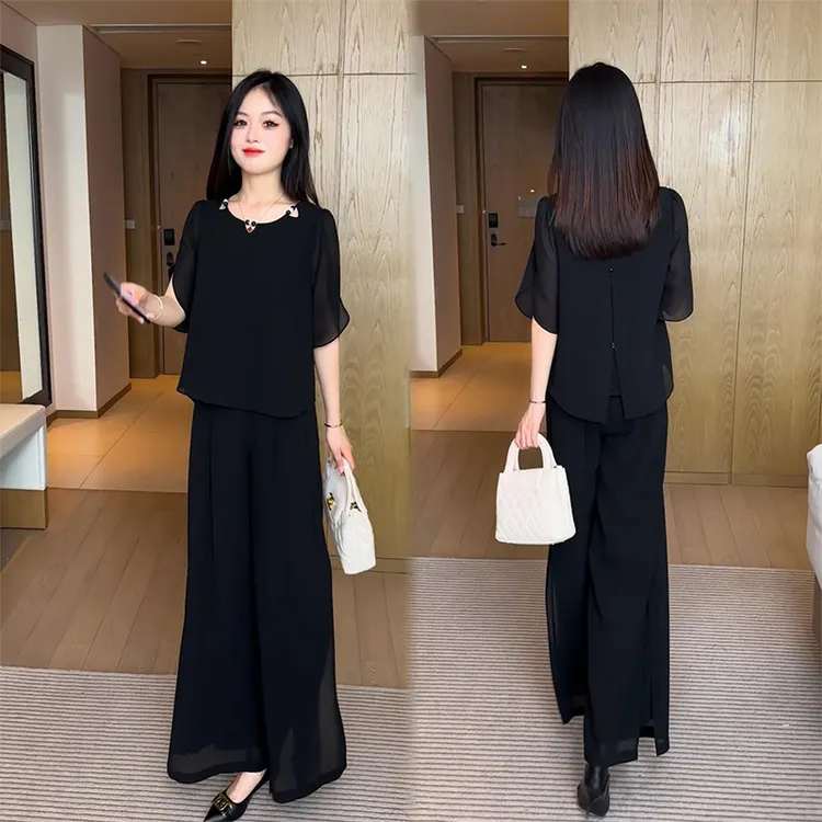 显瘦气质洋气2025夏季新款时尚休闲黑色短袖套装韩版高腰裤子