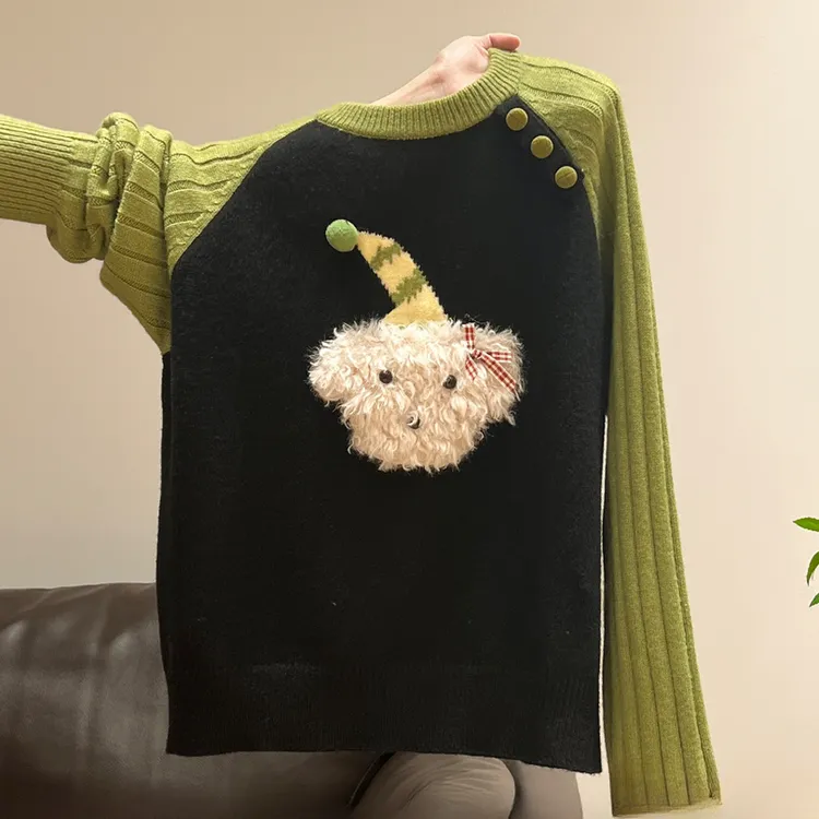 设计感小狗圣诞帽圆领毛衣女2025冬季新款韩系宽松加厚针织衫上衣
