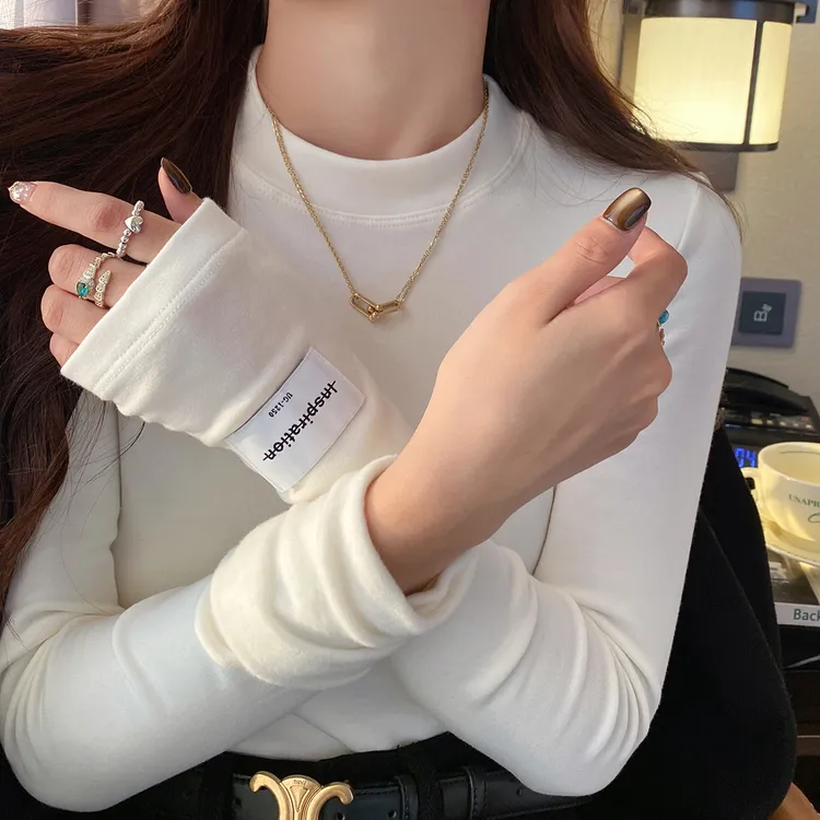 白色小立领磨毛打底衫女内搭高级感2025冬季新款T恤加绒加厚上衣