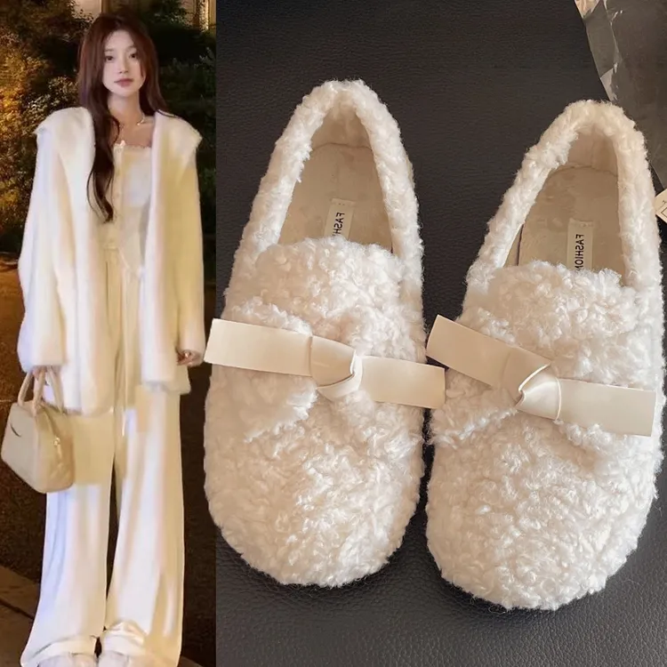 白色法式玛丽珍毛毛鞋女外穿加绒保暖秋冬季2025新款一脚蹬棉鞋子