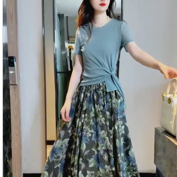 [工厂直销套装]夏季款洋气多巴胺不规则短袖碎花半身裙99445+Q269