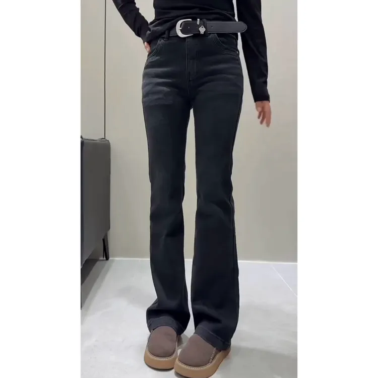 2025年秋冬新款时尚高腰显瘦牛仔长裤子女微胖大码时尚遮肉微喇裤