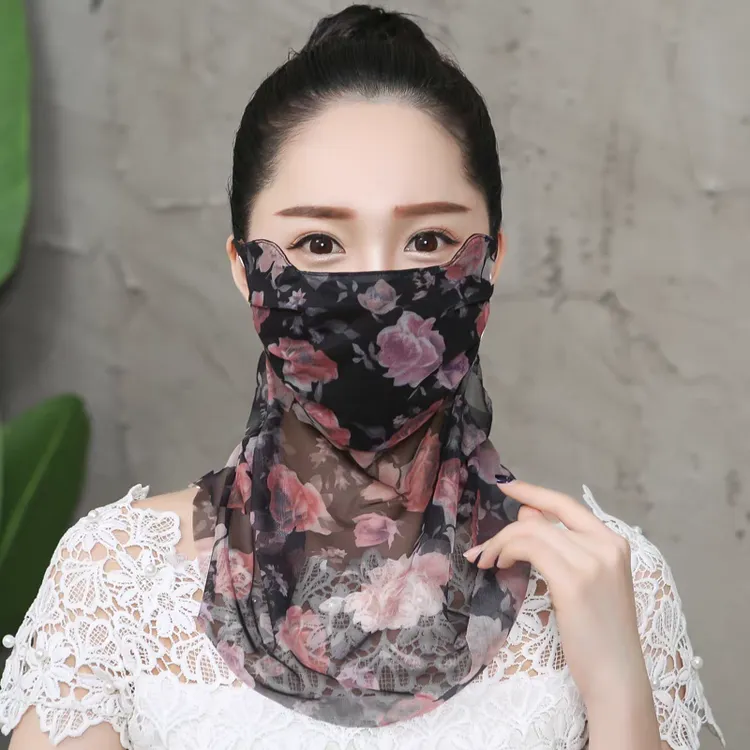 夏季防晒冰丝口罩面纱护脖子小丝巾两用透气可清洗印花淑女薄款