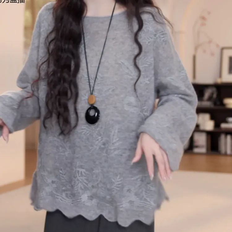 2025早秋薄款圆领百搭纯色显瘦提花牙齿边针织长袖LK2505838