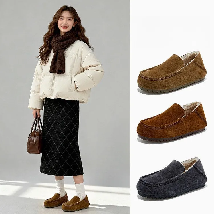 李一一【真皮两穿保暖毛毛鞋】新款一脚蹬平底棉单鞋女复古休闲女