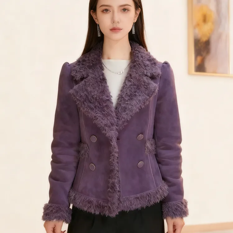 小香风皮毛秋冬一体2025新款时尚气质保暖长袖短款加绒西装领外套