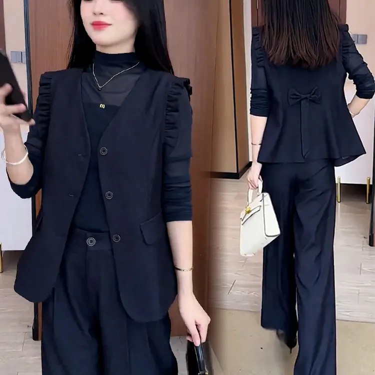 时尚套装女2025秋季新款洋气炸街宽松无袖马甲打底衫阔腿裤三件套