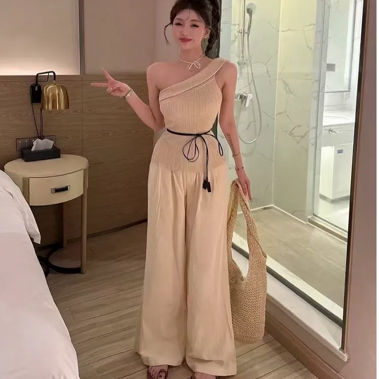 夏季新款纯欲风斜领露肩无袖显瘦针织上衣高腰垂感休闲阔腿裤套装