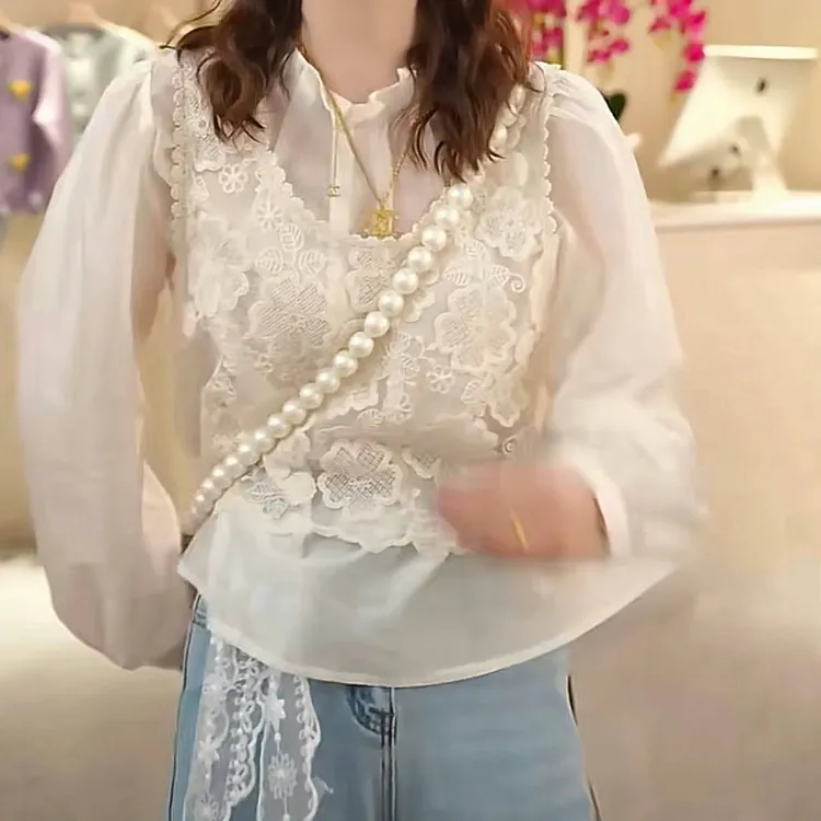 设计感花边领刺绣衬衫+蕾丝吊带背心女两件套2025春款时尚套装