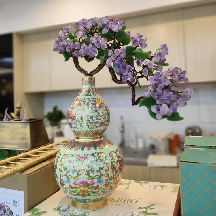 高奢迎客松紫水晶葫芦花瓶客厅玄关桌面装饰摆件