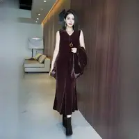 POPULARYW【梅洛-连衣裙】Z·R上品屋 精致时尚V领无袖纯色连衣长裙