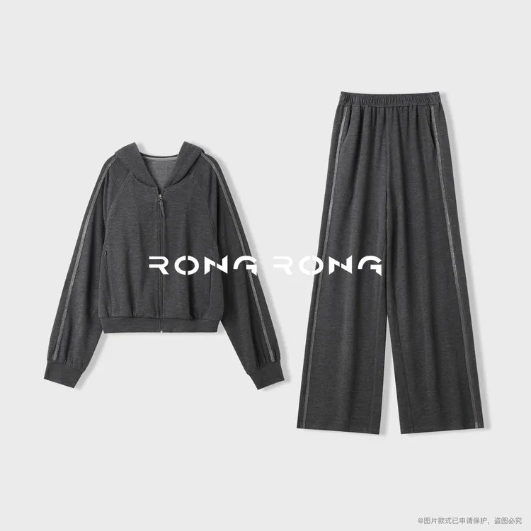 溶溶S【格雷高知】RONG织带侧边运动风连帽卫衣外套裤子套装js678-1