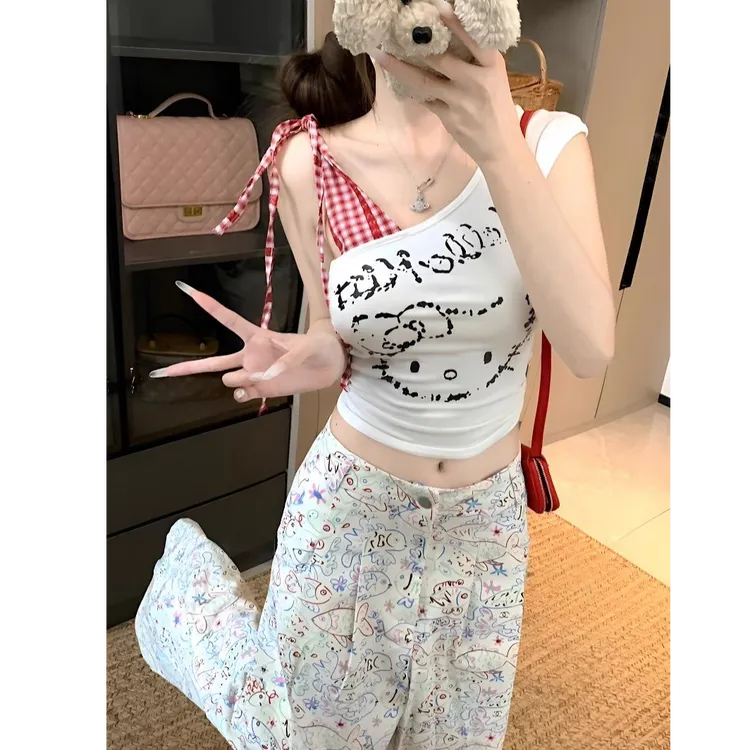 【千禧辣妹 带胸垫】甜辣kitty红格子拼接吊带斜肩上衣卡通印花外穿