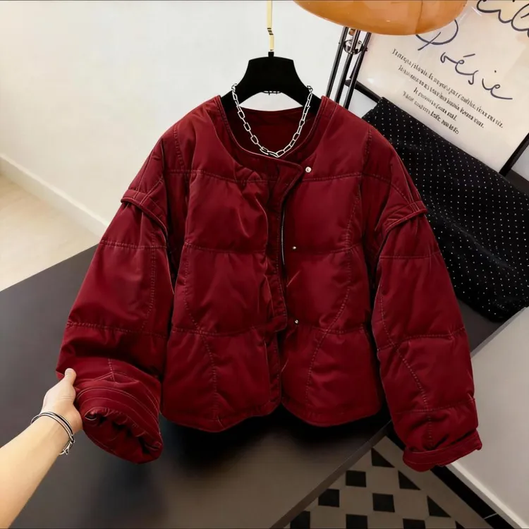 2025新款加厚暗红棉服上衣女冬季时尚休闲宽松显瘦丝绒保暖外套女