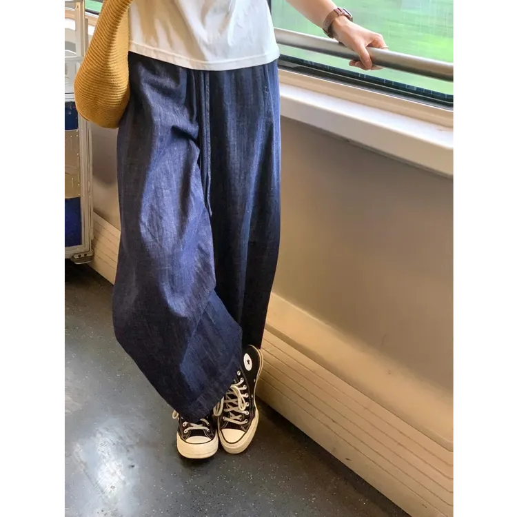 韩系复古抽绳棉麻牛仔裤女2025夏季新款遮胯显瘦百搭阔腿裤