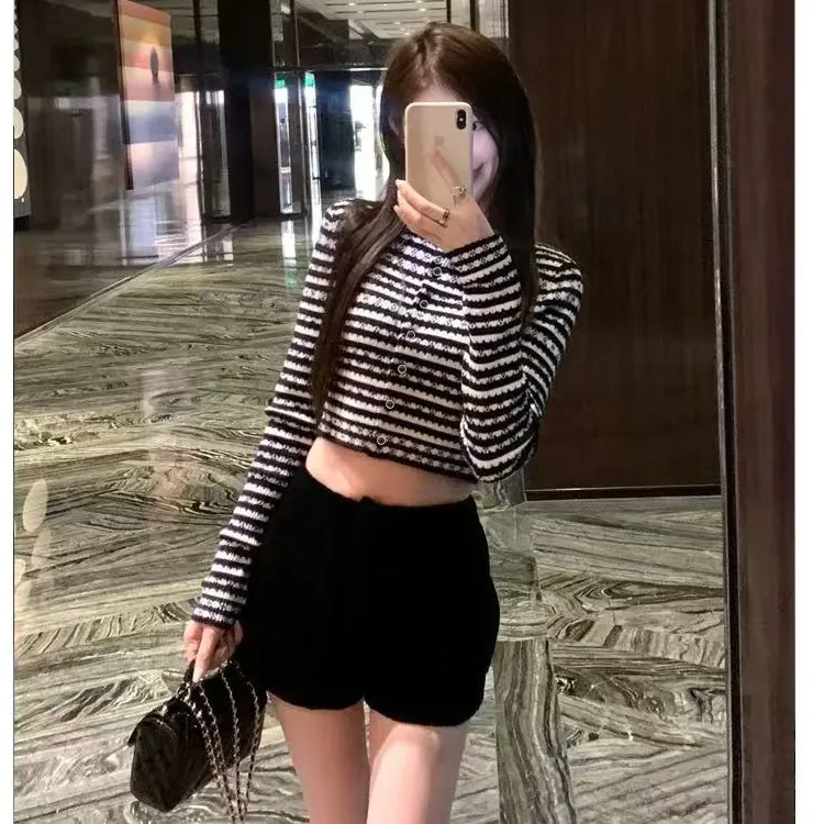 小香风撞色条纹圆领针织开衫女夏季新款气质名媛修身显瘦短款上衣