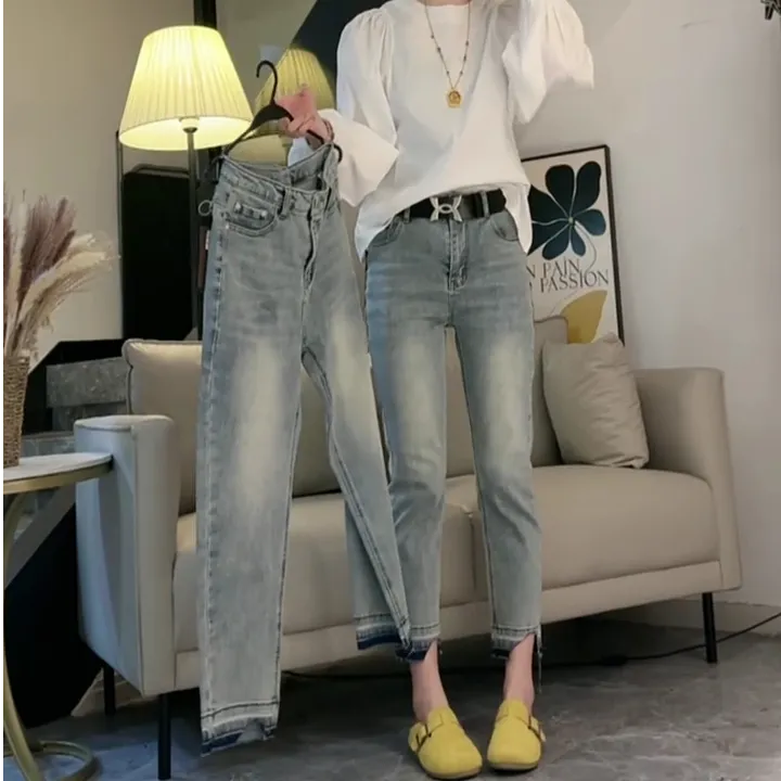 2025春季新款梨形身材显瘦牛仔裤女春季大码弹力修身毛边烟管裤