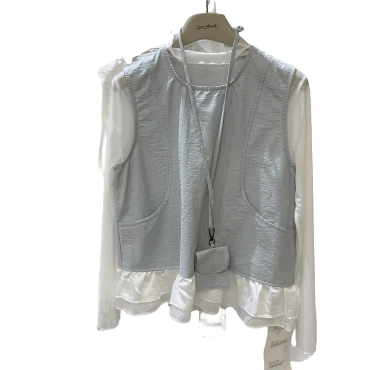 QZF007夏季欧若风网纱小衫花边马甲服装两件套小众气质出行套装