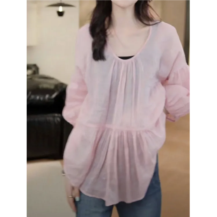 设计款拼接单排扣长袖衬衫女2025新款春夏百搭显瘦少女粉红色衬衣