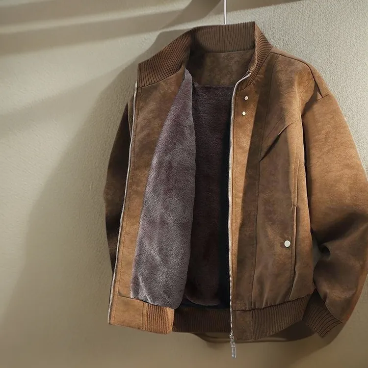 美式复古立领皮衣短款外套男秋冬季加绒加厚宽松休闲保暖夹克潮帅