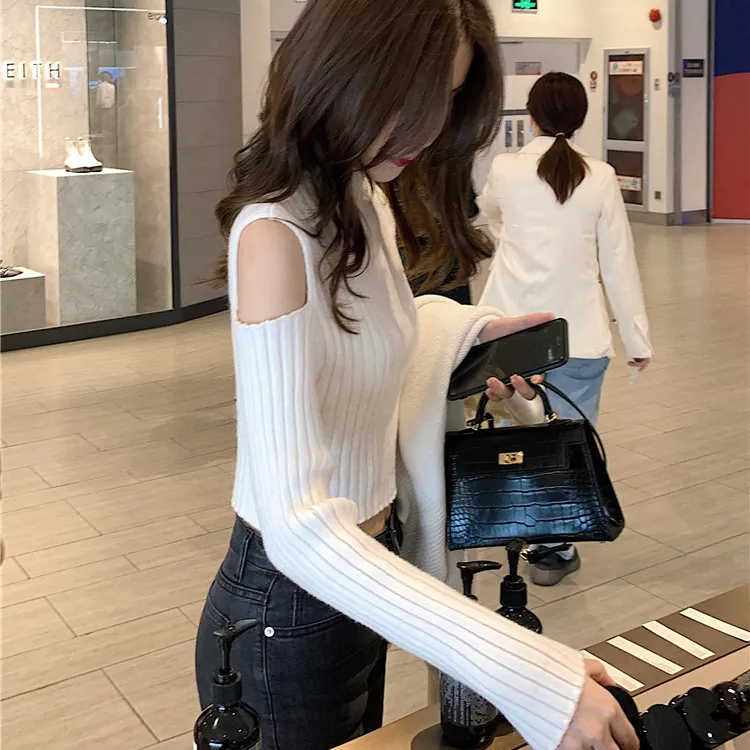 长袖黑白色短款中领气质露肩露脐百搭半高领毛衣针织衫套头上衣女