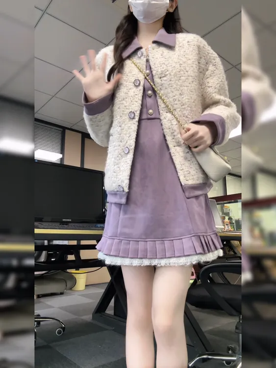 小香风拼接短外套女2025秋冬季新款气质高级感紫色连衣裙子两件套