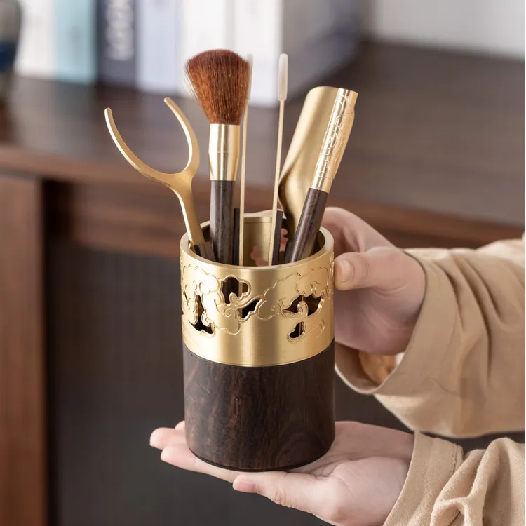 铜木茶道六君子高级纯铜黑檀木茶道茶艺配件整套茶夹茶勺茶针茶筒