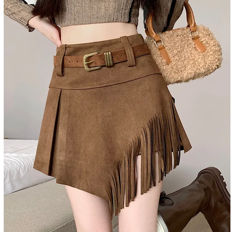 韩系辣妹风高腰不规则流苏短裤裙修身显瘦百搭百褶A字半身裙裤子