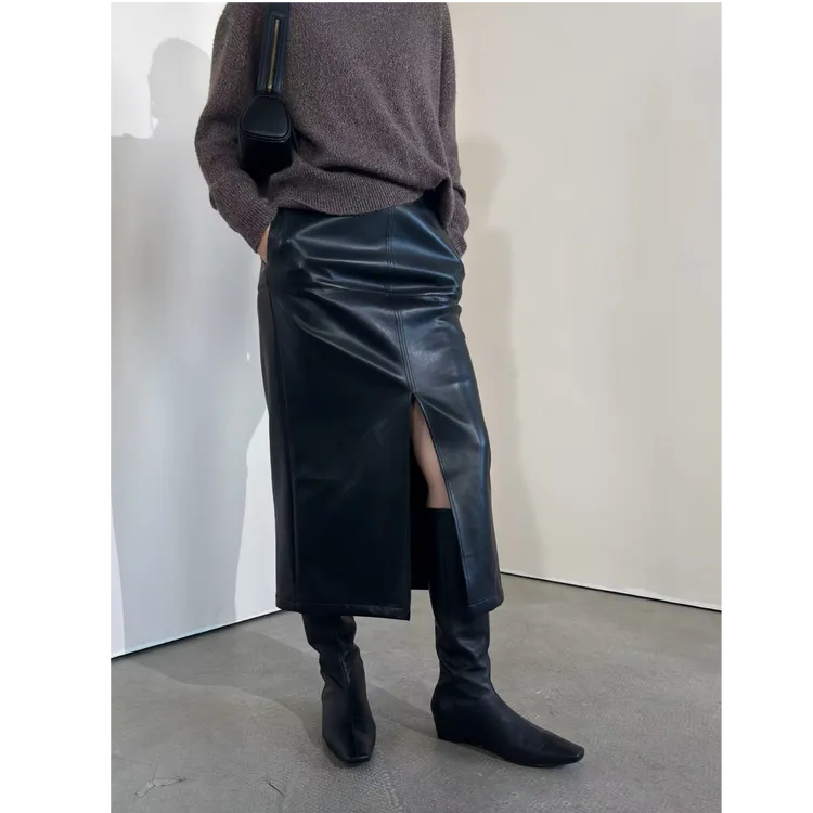 CLEAR BREEZE秋冬设计师百搭宽松时尚复古蛋白皮开叉半裙