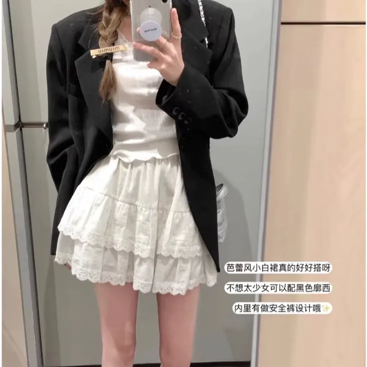 法式白色蕾丝半身裙女夏设计感小个子蛋糕裙高腰显瘦甜辣A字短裙