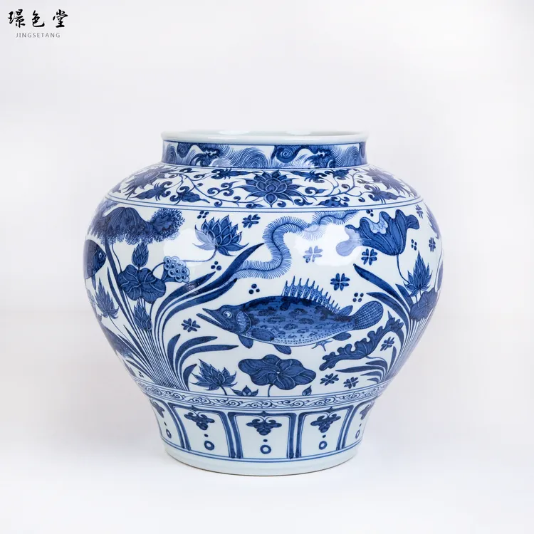 璟色堂青花瓷鱼藻纹大图罐纯手工制作