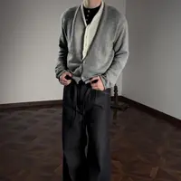 Oclin优雅双门襟毛衣开衫针织羊毛混纺短宽版型假两件 火烧扣