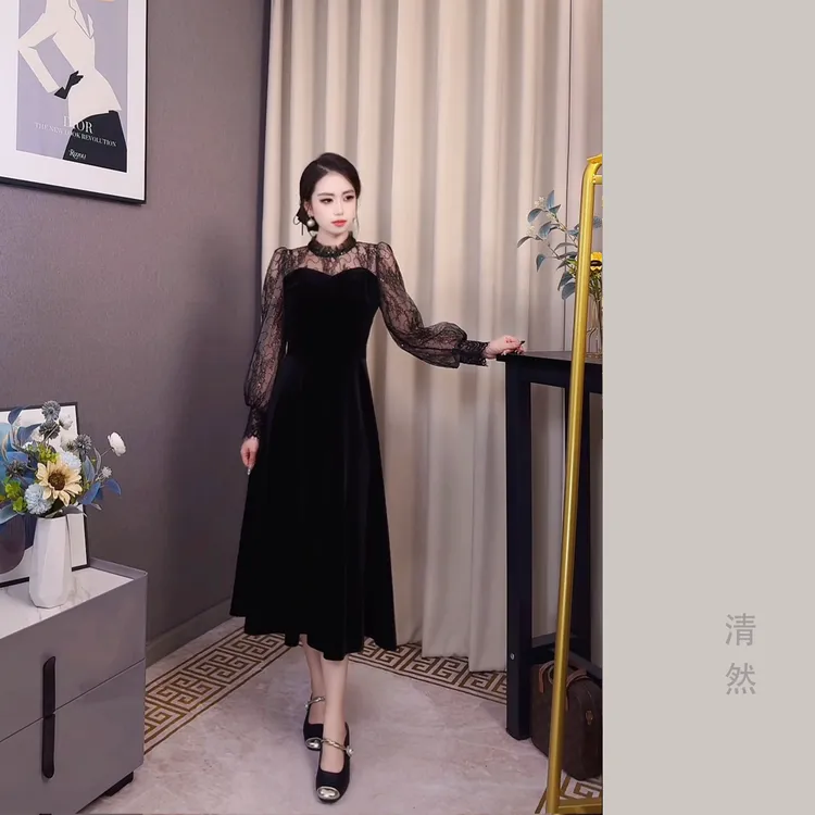 2025春季韩版名媛复古气质减龄长袖丝绒连衣裙赫本风黑色小礼服女
