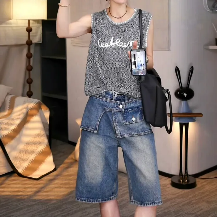 2025新款凉感显瘦百搭圆领背心+五分高腰牛仔裤LK2504145