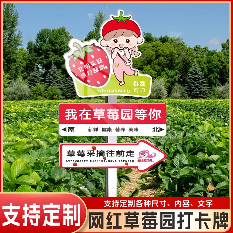 网红草莓采摘园广告牌禁止品尝文明采摘先称后吃插地标识立牌