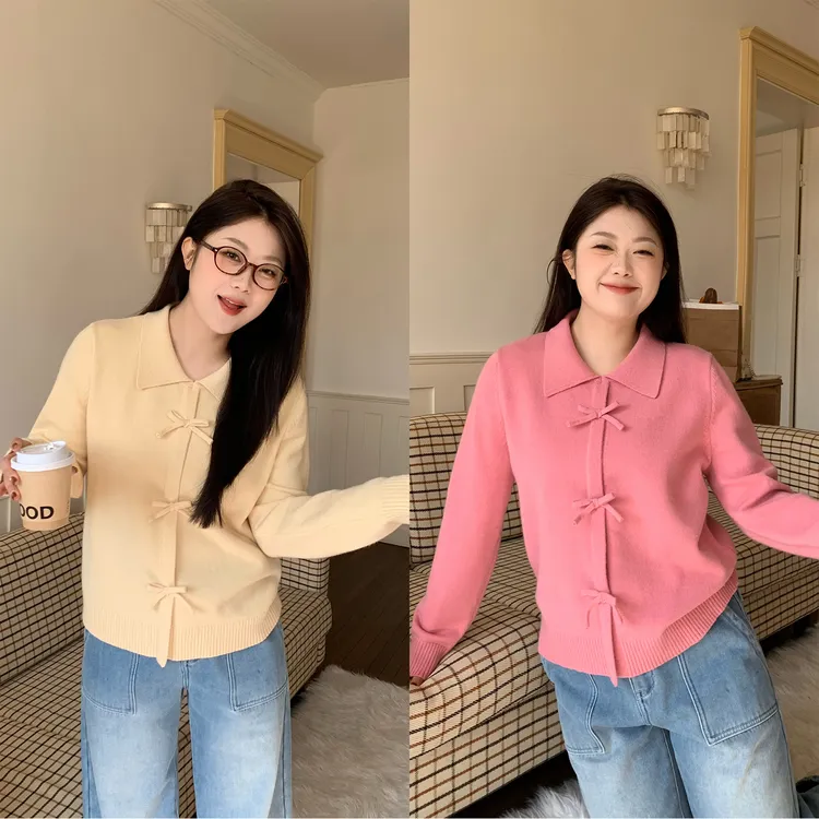 裂渡宣宣【贝莉女孩】蝴蝶结翻领毛织上衣女冬韩系正肩毛衣ZY507A90