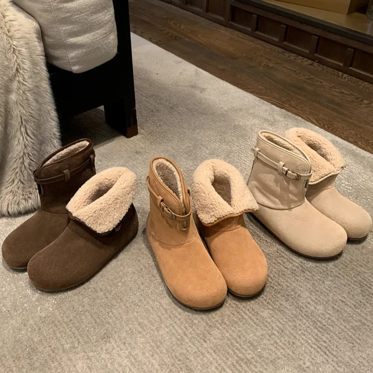 小腰带靴反绒皮内增高两穿翻边勃肯棉鞋防滑防水毛毛女加绒雪地靴