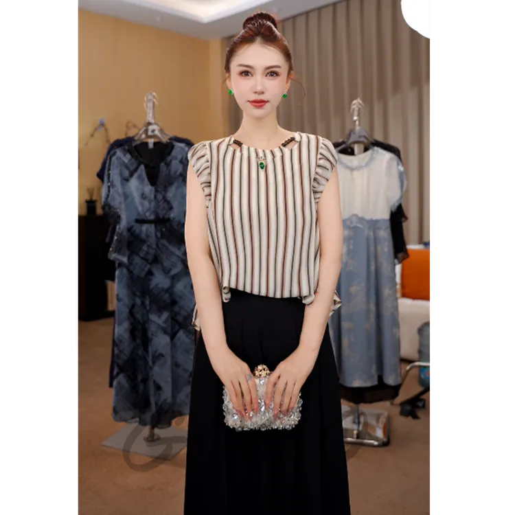 G6777时尚套装女2025夏季新款中年显瘦遮肚子设计感阔腿裤两件套