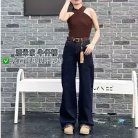 韩版洋气秋季加厚百搭显瘦黑金高腰高弹力窄版牛仔阔腿裤