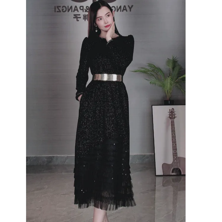 步步生辉105019小香风蕾丝拼接连衣裙秋冬厚裙子气质显瘦原创女新