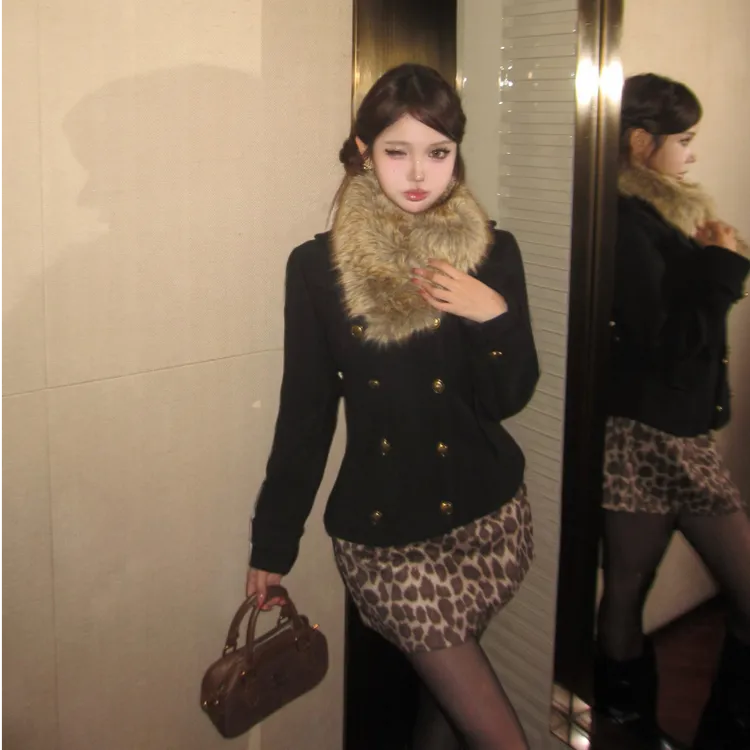 两件套 秋冬毛呢外套加厚套装短裙法式纯欲复古洋气黑色修身显瘦