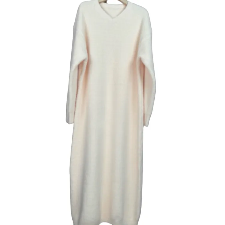 简约中长款纯色长裙v领成人睡裙连衣裙女士裙子时尚轻奢半边绒