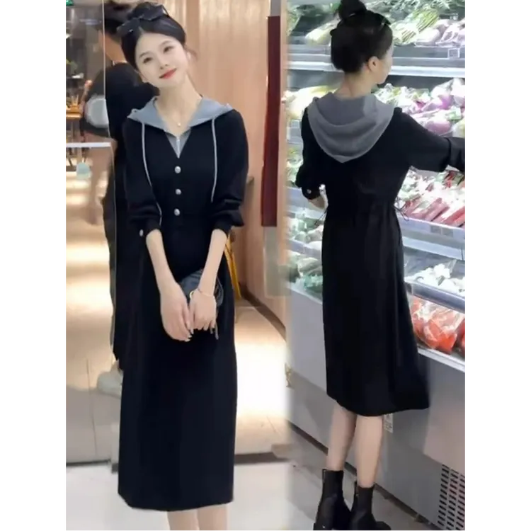 休闲连衣裙女2025春季新款时髦洋气收腰显瘦中长款连帽假两件裙子